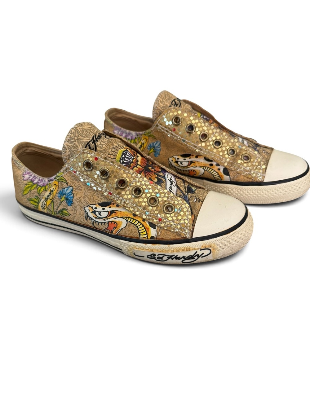 Vintage Y2K Ed Hardy gold silk glitter snake-print tiger tattoo graphic shoes